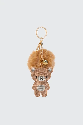 Ardene Rhinestone Teddy Bear & Pompom Keychain in Cognac