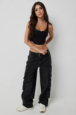 Ardene Mid Rise Wide Leg Cargo Jeans in Black | Size | 100% Cotton