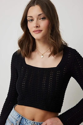Ardene Crop Pointelle Sweater in | Size | 100% Cotton