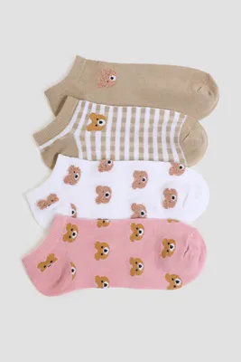 Ardene 4-Pack Bear Ankle Socks in Beige | Polyester/Spandex