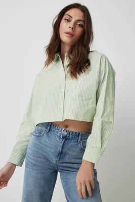 Ardene Oversized Cropped Shirt in Light Green | Size | 100% Cotton