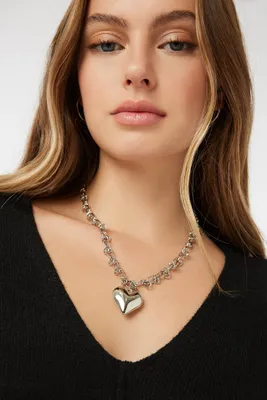Ardene Double Link Chain Necklace with Heart Pendant in Silver