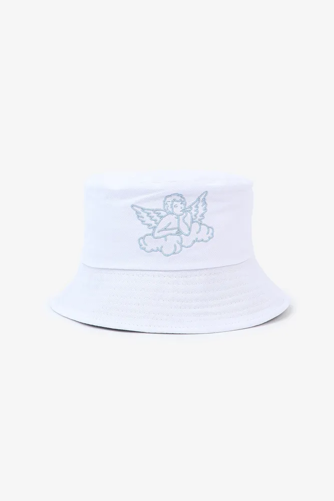 Ardene Angel Embroidered Bucket Hat in White | 100% Cotton