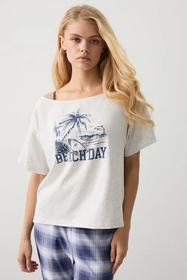 Ardene Off Shoulder Graphic PJ Top in Light Grey | Size | Cotton/Viscose | Eco-Conscious