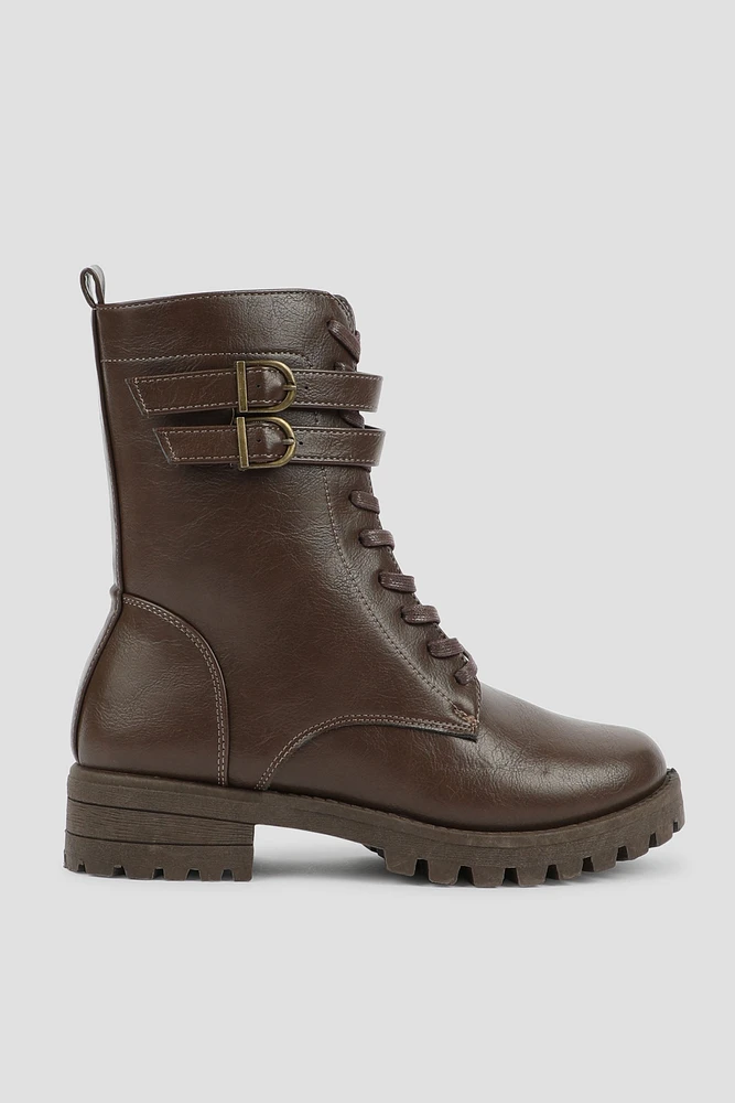 Ardene Mid Combat Boots with Buckles in Brown | Size | Faux Leather | Eco-Conscious