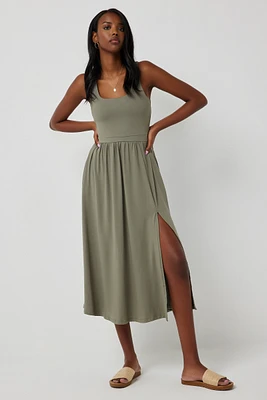 Ardene Super Soft Midi Dress with Slit in Khaki | Size | Polyester/Elastane