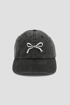 Ardene Washed Denim Cap with Bow Embroidery in Black