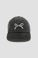 Ardene Washed Denim Cap with Bow Embroidery in Black