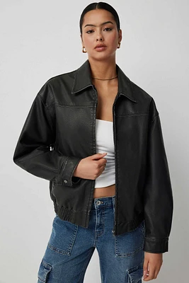 Ardene Short Faux Leather Bomber Jacket in Black | Size | Faux Leather/Polyester