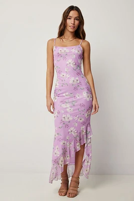 Ardene Floral Asymmetrical Ruffle Dress in Lilac | Size | Polyester/Elastane