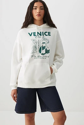 Ardene Graphic Oversized Hoodie in White | Size | Polyester/Cotton | Fleece-Lined
