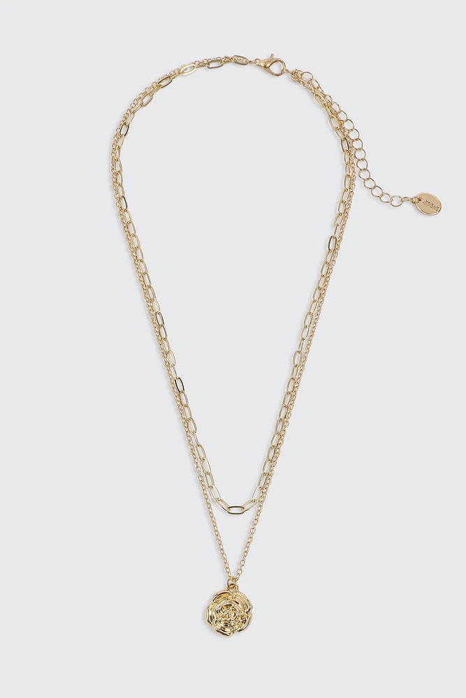 Ardene 2-Row Chain Necklace with Rose Pendant in Gold