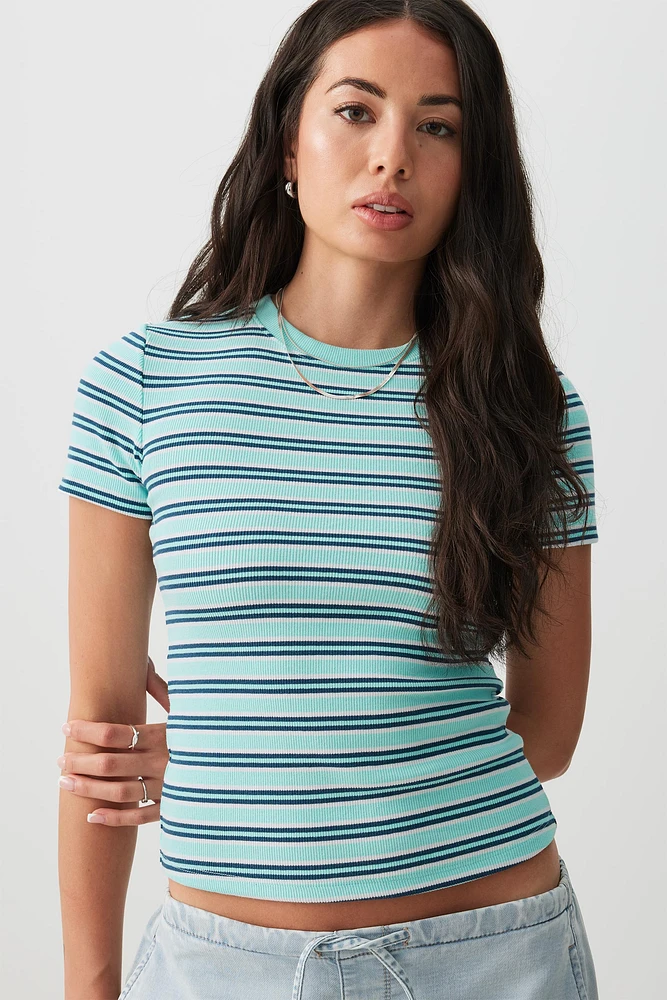 Ardene Short Fitted Crew Neck T-Shirt in Light Blue | Size | Cotton/Elastane