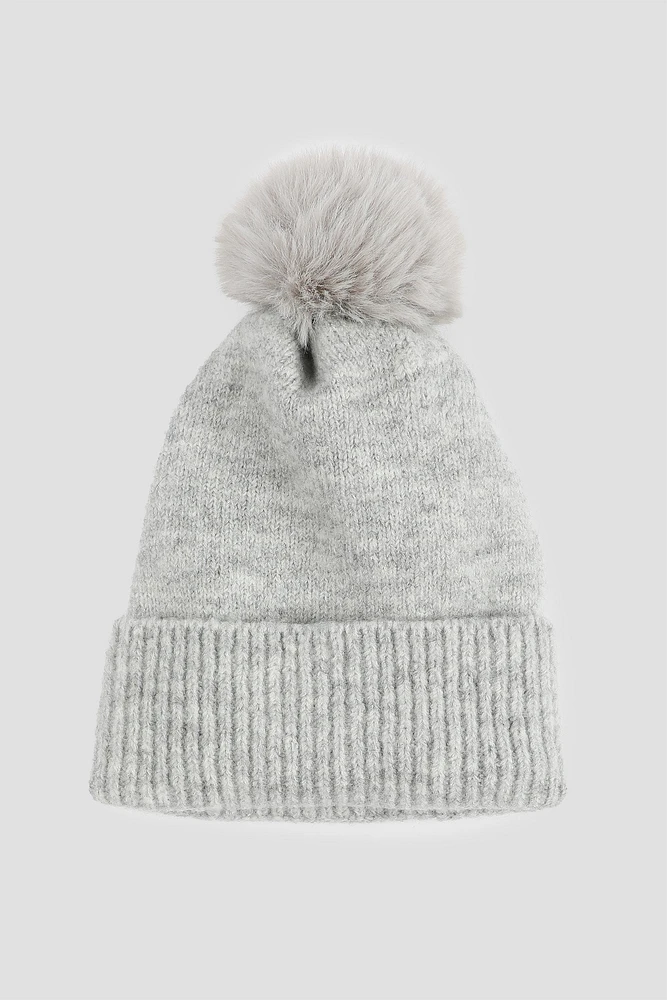 Ardene Soft Beanie with Pompom in Light Grey | Polyester