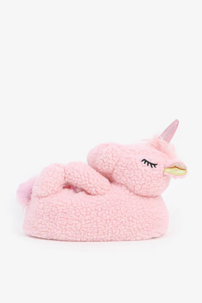 Ardene Kids Animal Plush Slippers in Light Pink | Size 3.5