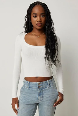 Ardene Crop Scoop Neck Sweater in White | Size | Polyester/Nylon/Viscose