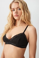 Ardene Lace Trim Bralette with Signature Band in Black | Size | Polyester/Elastane | Eco-Conscious