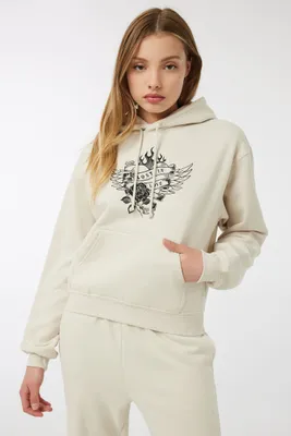 Ardene Graphic Hoodie in Beige | Size | Polyester/Cotton | Fleece-Lined