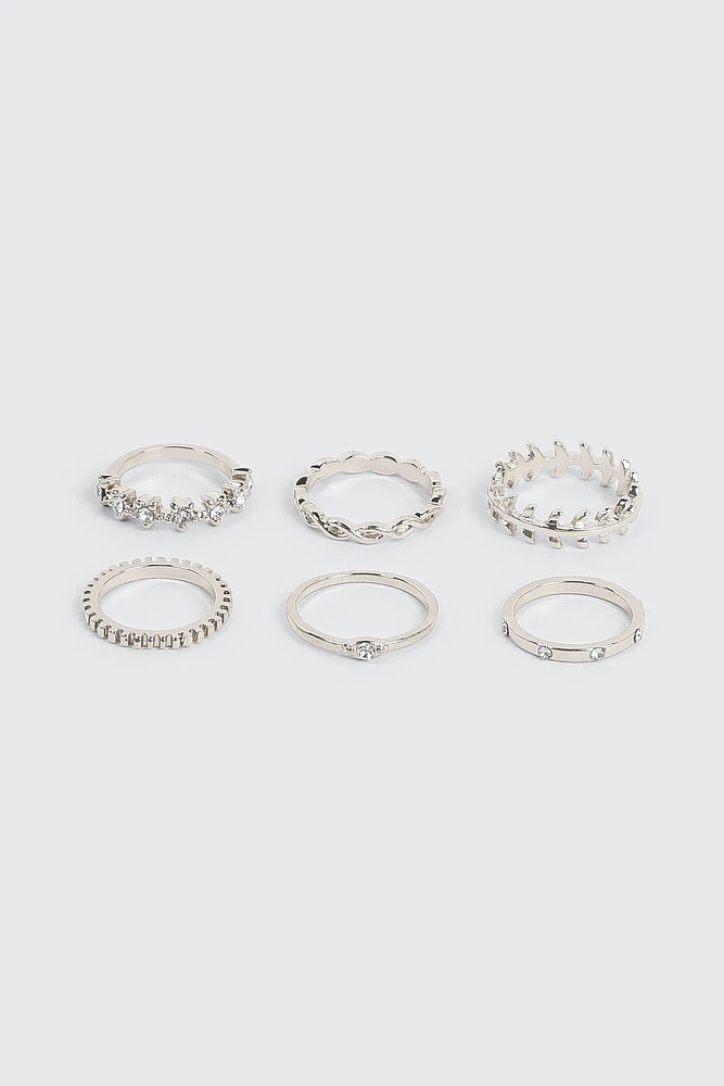Ardene 6-Pack Assorted Stone Rings in Silver | Size