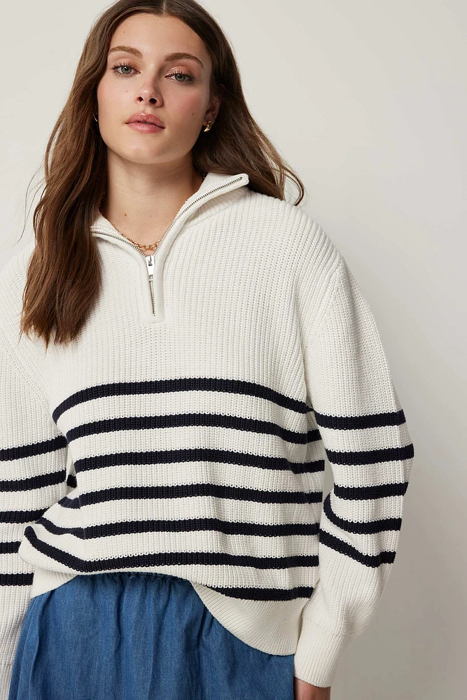 Ardene Striped Half Zip Sweater in White | Size | 100% Cotton