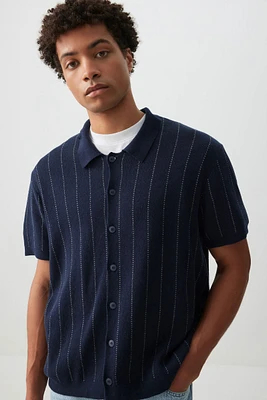 Ardene Man Striped Button-Up Polo Shirt For Men in Dark Blue | Size | 100% Cotton