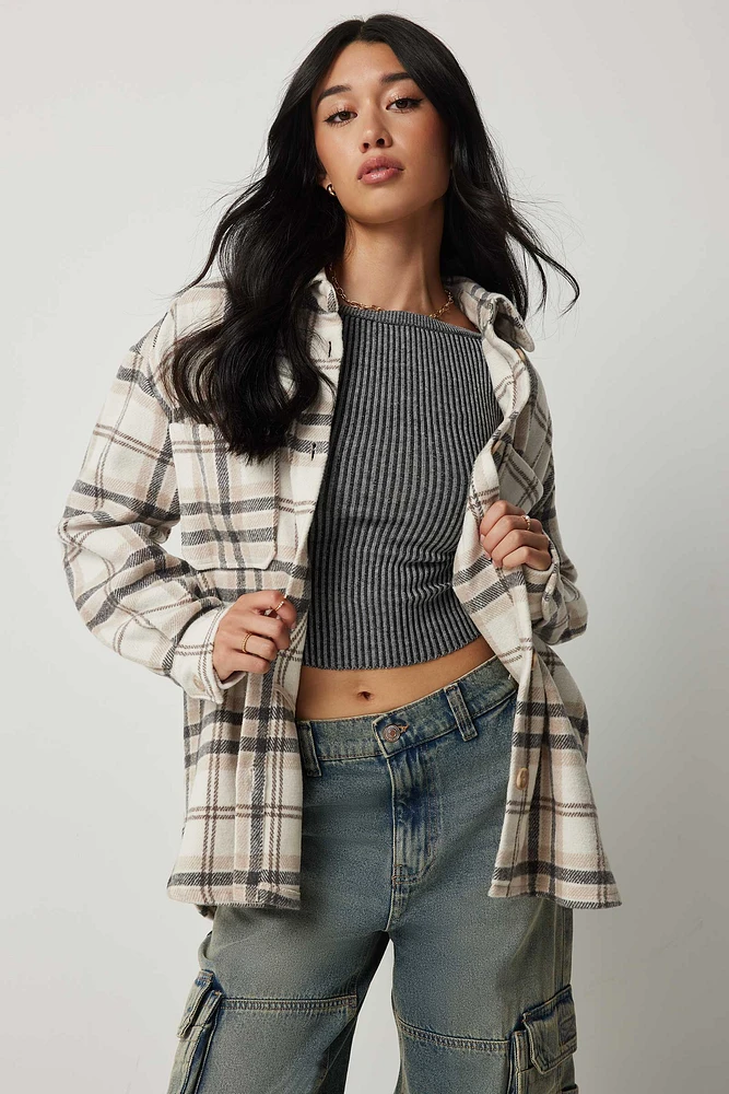 Ardene Oversized Plaid Shacket in Beige | Size | Polyester/Cotton/Viscose