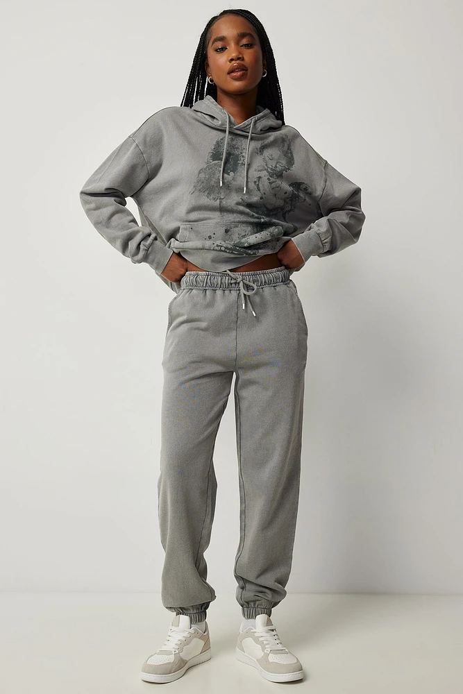 Ardene Washed Baggy Sweatpants in Grey | Size | Polyester/Cotton | Fleece-Lined