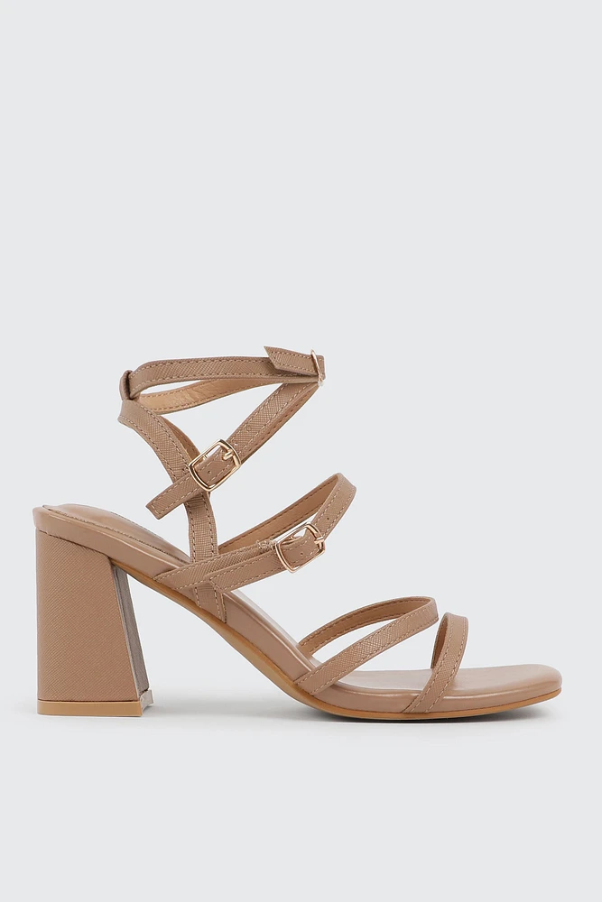 Ardene High Heel Strappy Sandals in Beige | Size | Faux Leather/Polyester | Eco-Conscious