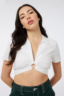 Ardene Ring-Front Collar Shirt in White | Size | Spandex/Cotton