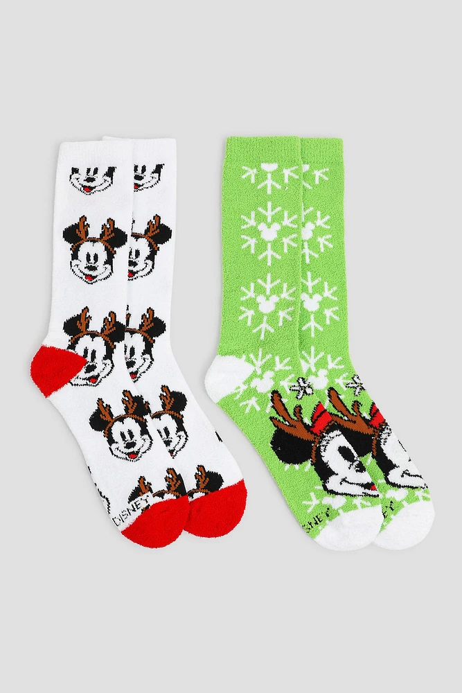 Ardene 2-Pack Mickey Cozy Socks in White | Polyester/Spandex