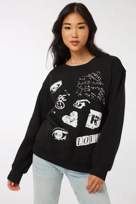 Ardene Multi Screen Crew Neck Sweatshirt in Black | Size | Polyester
