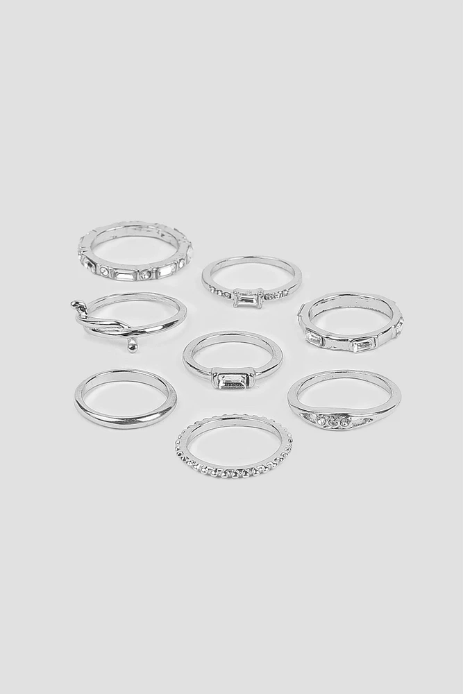 Ardene 8-Pack Assorted Thin Rings in Silver | Size