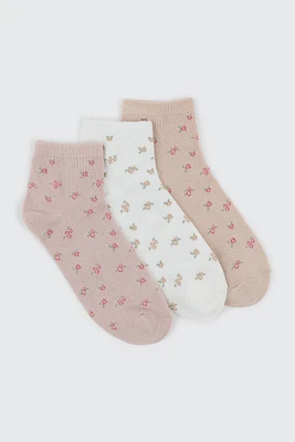 Ardene 3-Pack Floral Demi Crew Socks in Beige | Polyester/Spandex