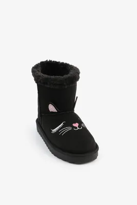 Ardene Kids Faux Sheepskin Boots with Embroidery Detail in Black | Size | Microfiber
