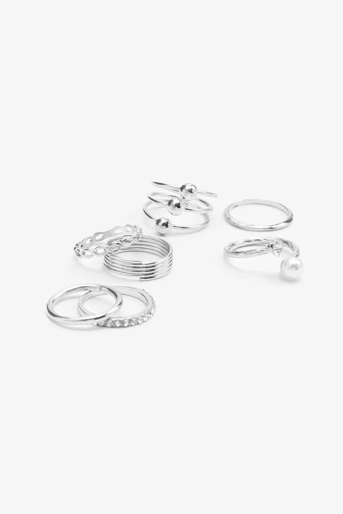 Ardene 8-Pack Assorted Stone & Pearl Rings in Silver | Size Small