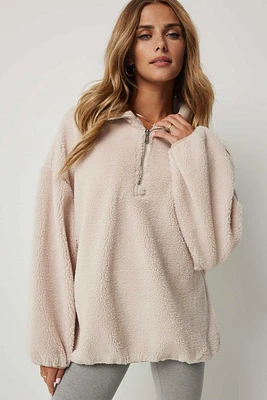 Ardene Oversized Sherpa Half Zip Sweatshirt in Beige | Size | Polyester