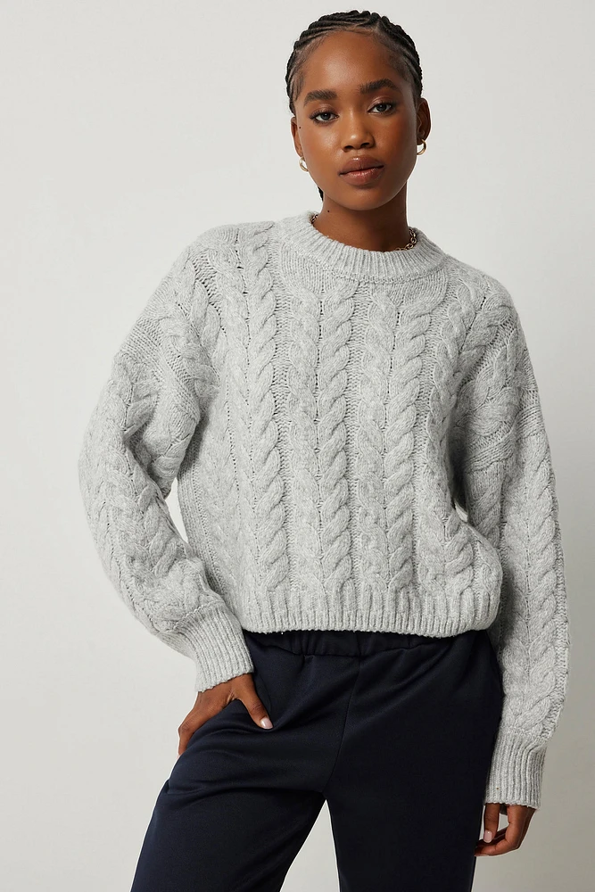 Ardene Short Cable Knit Sweater in Light Grey | Size