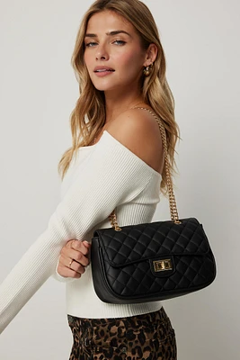 Ardene Chain Strap Quilted Bag in Black | Faux Leather/Polyester