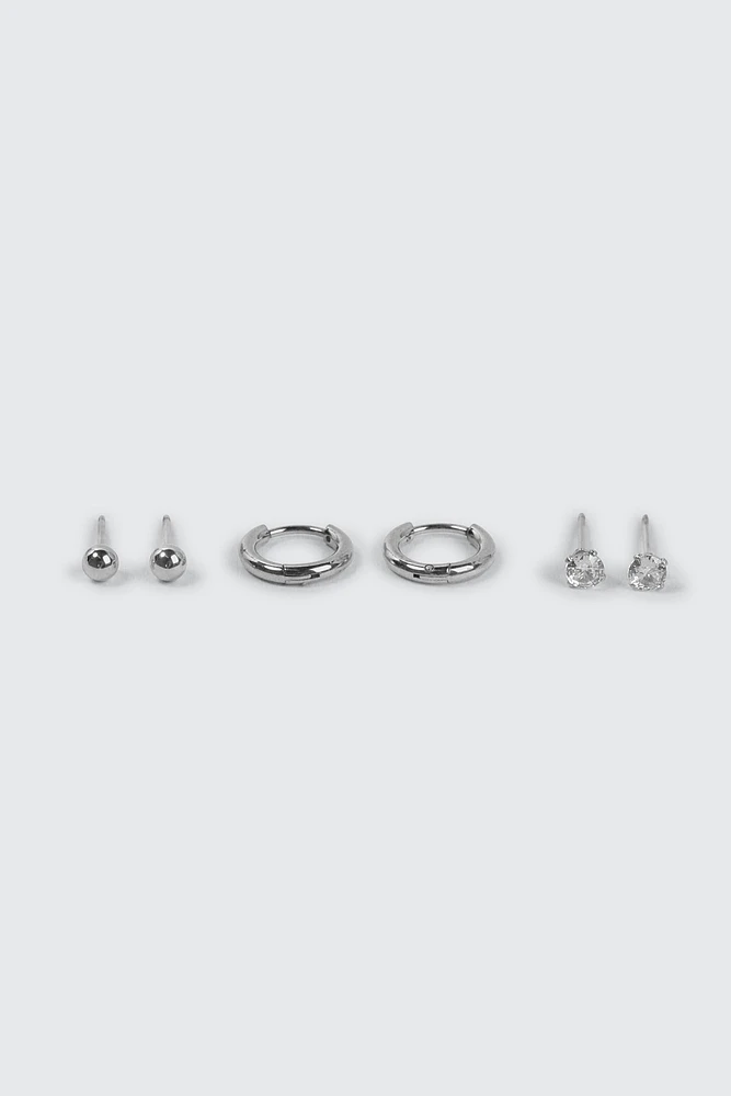 Ardene Man 3-Pack Stainless Steel Hoop & Stud Earrings For Men in Silver