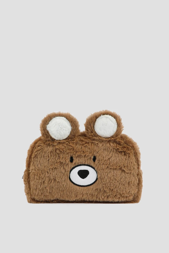 Ardene Teddy Bear Makeup Bag in Brown | Polyester