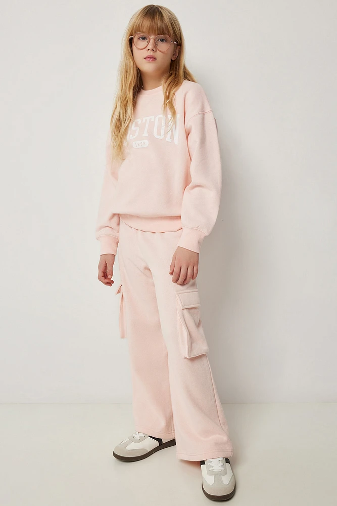 Ardene Kids Wide Leg Cargo Sweatpants in Light Pink | Size | Polyester/Cotton | Fleece-Lined