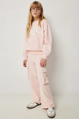 Ardene Kids Wide Leg Cargo Sweatpants in Light Pink | Size | Polyester/Cotton | Fleece-Lined