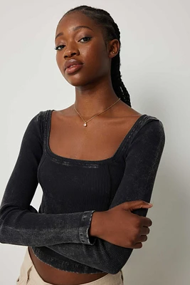 Ardene Washed Long Sleeve Ultra Crop Top in Black | Size | Cotton/Elastane