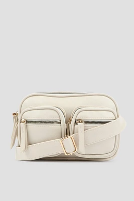 Ardene Multi Pocket Crossbody Bag in White | Faux Leather/Polyester