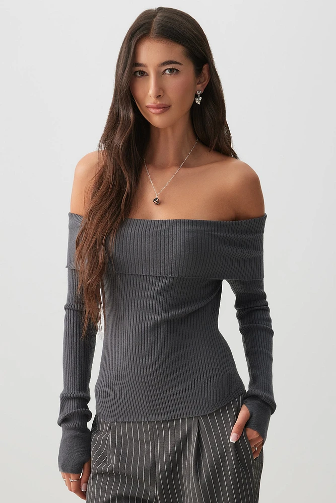 Ardene Rib Off Shoulder Sweater in Dark Grey | Size | Polyester/Polyamide/Viscose