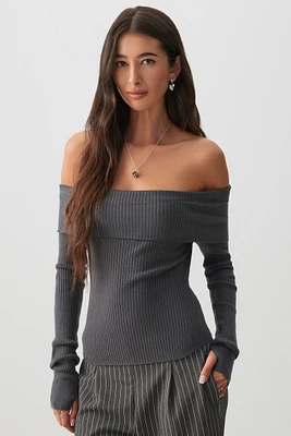 Ardene Rib Off Shoulder Sweater in Dark Grey | Size | Polyester/Polyamide/Viscose