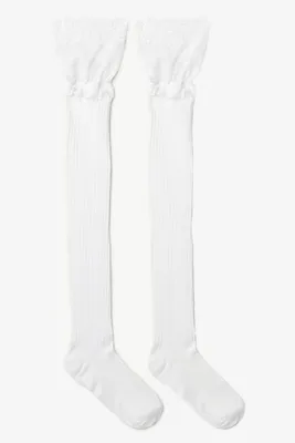 Ardene Over-the-Knee Socks with Lace Trim in White | Nylon/Spandex