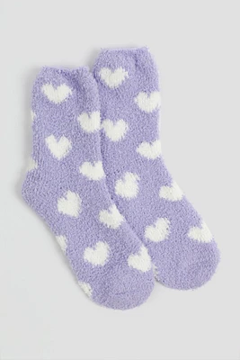 Ardene Heart Cozy Socks in Lilac | Polyester/Spandex