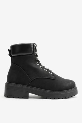 Ardene Puff Collar Work Boots in | Size | Faux Suede/Rubber