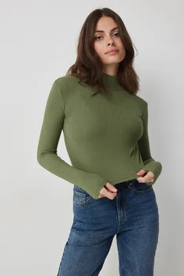 Ardene Super Soft Ribbed Mock Neck Sweater in Khaki | Size | Polyester/Elastane
